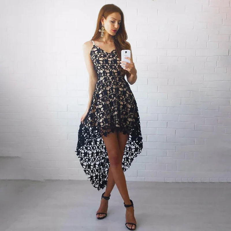 Elegant Lace Off-Shoulder Spaghetti Strap V-Neck Dress Women's Lace Dress Qme Black S