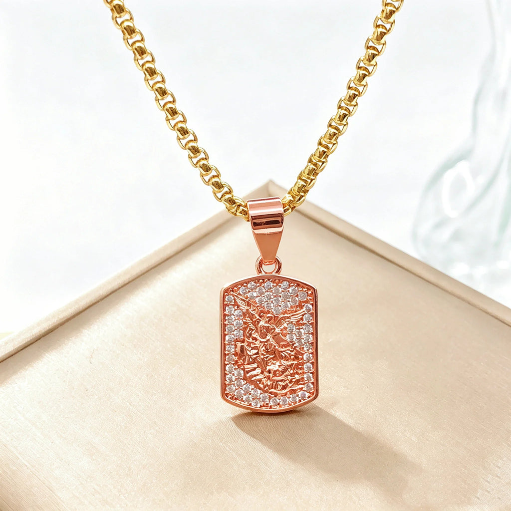 St. Michael Square Pendant Necklace | Gold Zircon Steel Religious Pendant Necklace Qme 6 60cm