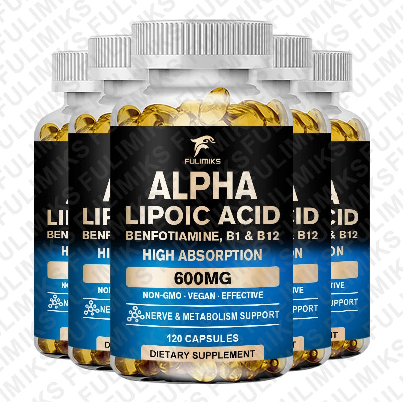 Fulimiks Alpha Lipoic Acid 600mg + Benfotiamine B1 B12 Supplement Antioxidant Supplement Qst 5 Bottles-120pcs