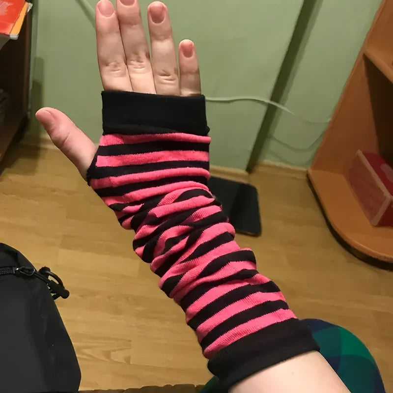 Y2K Punk Long Fingerless Gloves – Unisex Arm Warmer Cuff Fingerless Arm Warmers Qme Beige