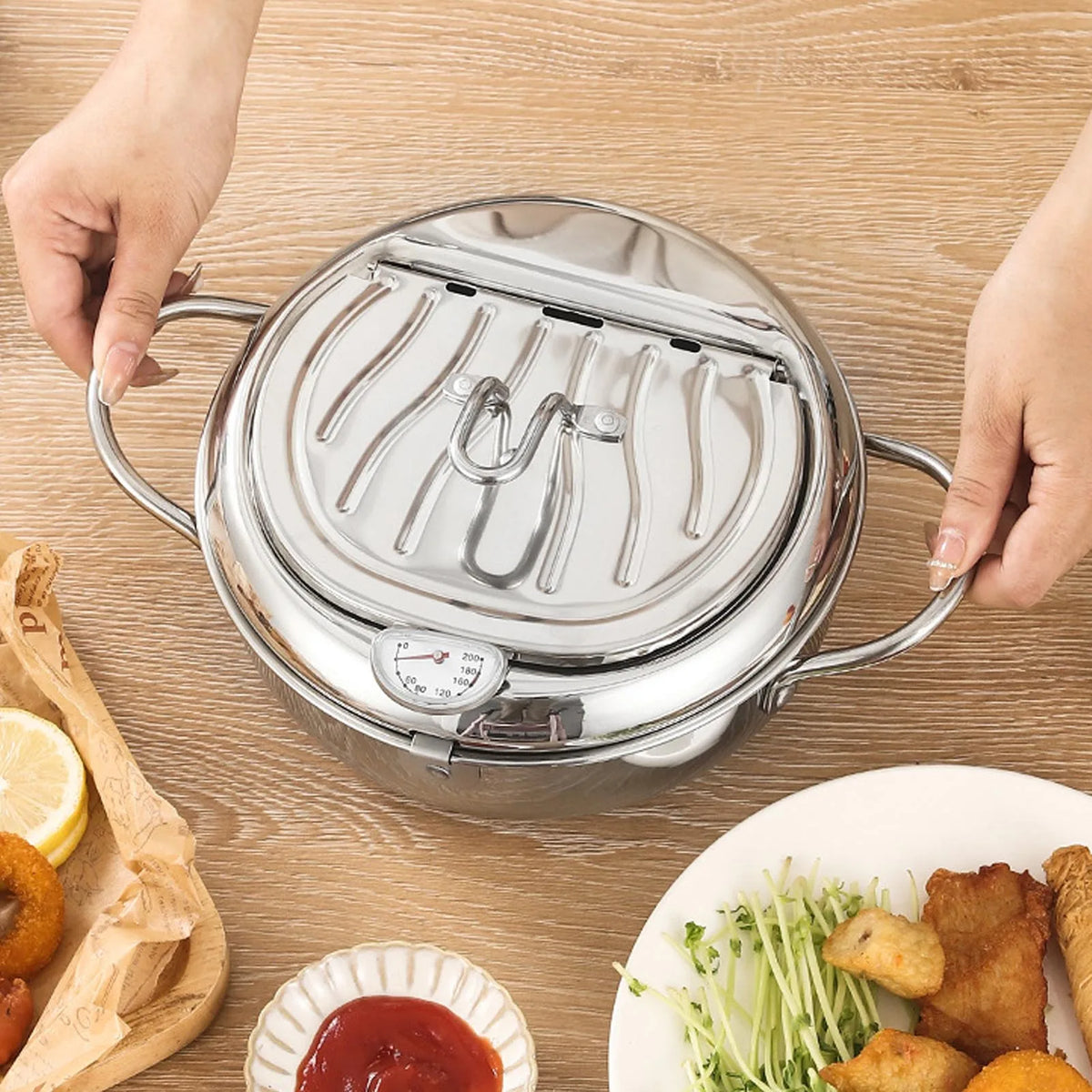 3.2L Stainless Steel Deep Fryer Pot with Thermometer & Rack Deep Fryer Pot Qst