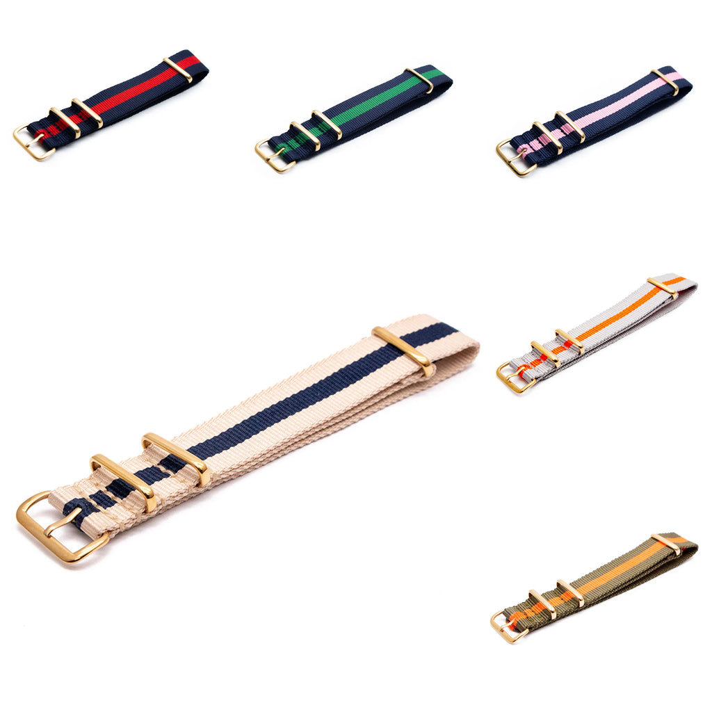 Striped Nylon Watch Strap Gold Square Buckle | 18–24mm Watch Strap Qme
