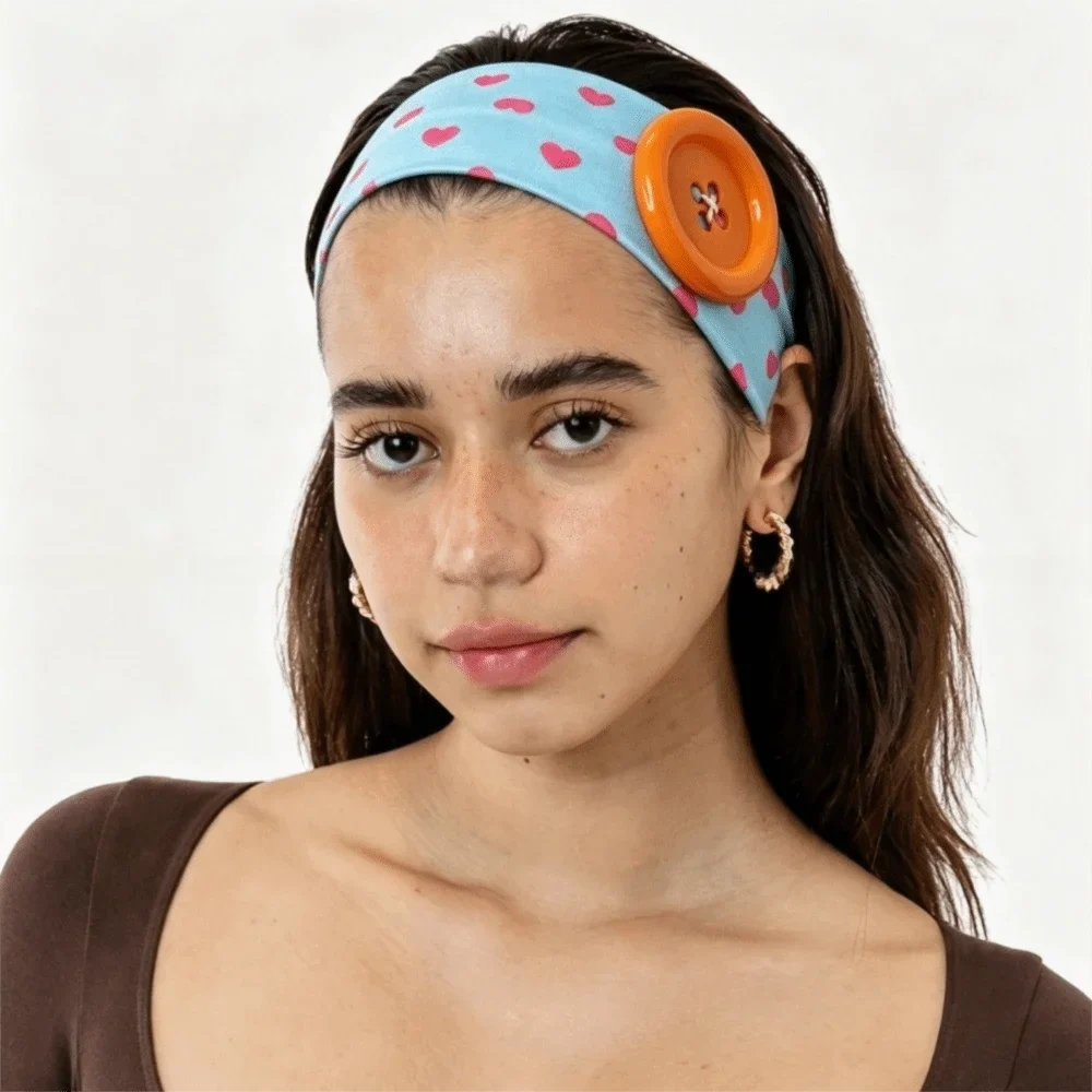 Love Heart Polka Dot Button Headband – Elastic Yoga Hair Band Elastic Hair Headband Qme