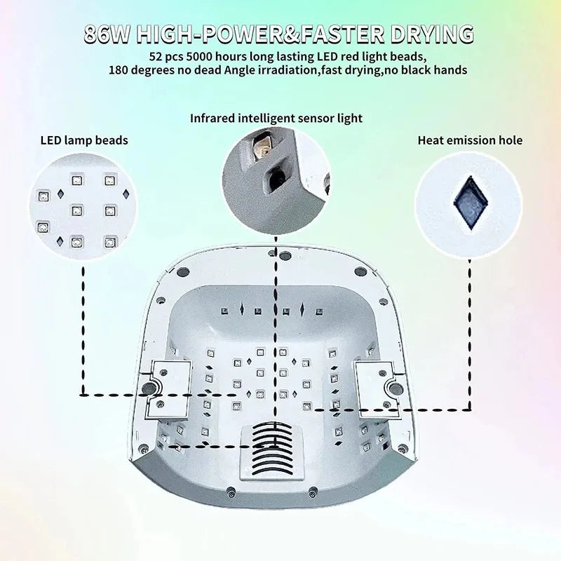 86W Cordless Rechargeable UV LED Nail Lamp – 52 LEDs, LCD Timer UV LED Nail Lamp Qst