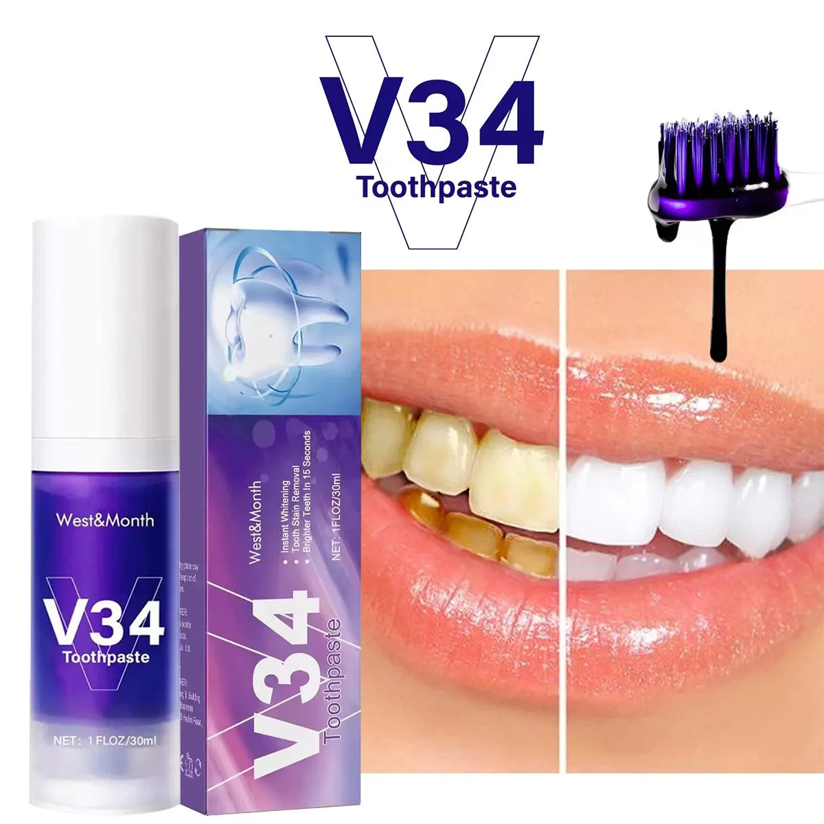 V34 SmileKit Purple Whitening Toothpaste 30ml – Color Corrector Whitening Toothpaste Qst
