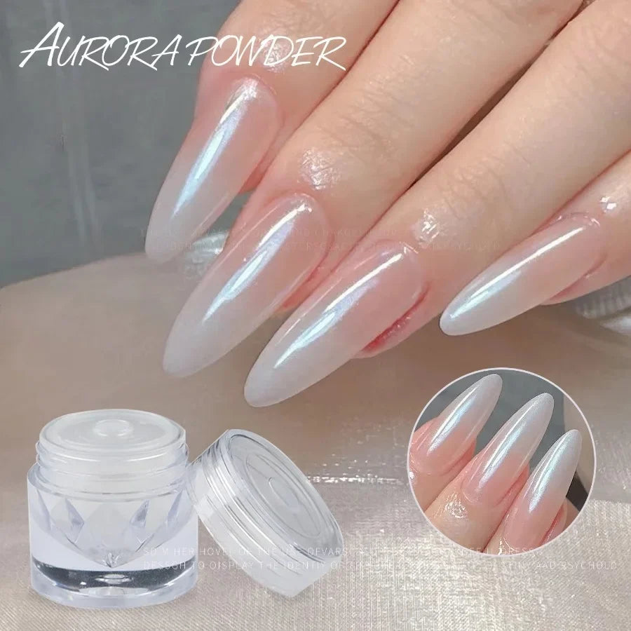 Holographic Nail Powder White Mirror Glitter Aurora Effect Nail Pigment Powder Qme