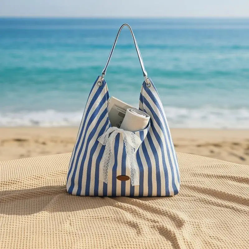 Women's Striped Reversible Hobo Tote Bag with Lace Bow Decor Reversible Hobo Tote Qme