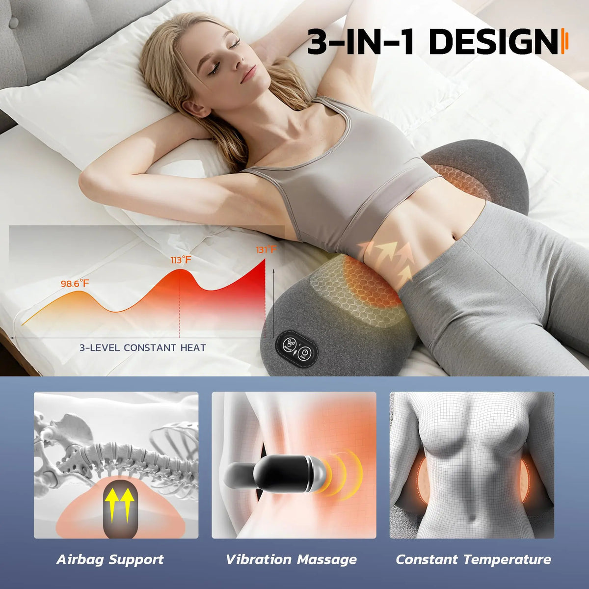 PAQIN 3-in-1 Electric Lumbar Massager with Heat & Vibration Electric Back Massager Qst