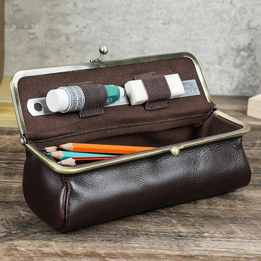 Handmade Vintage Leather Pencil Case | Retro Desk Storage Box Leather Pencil Case Qme