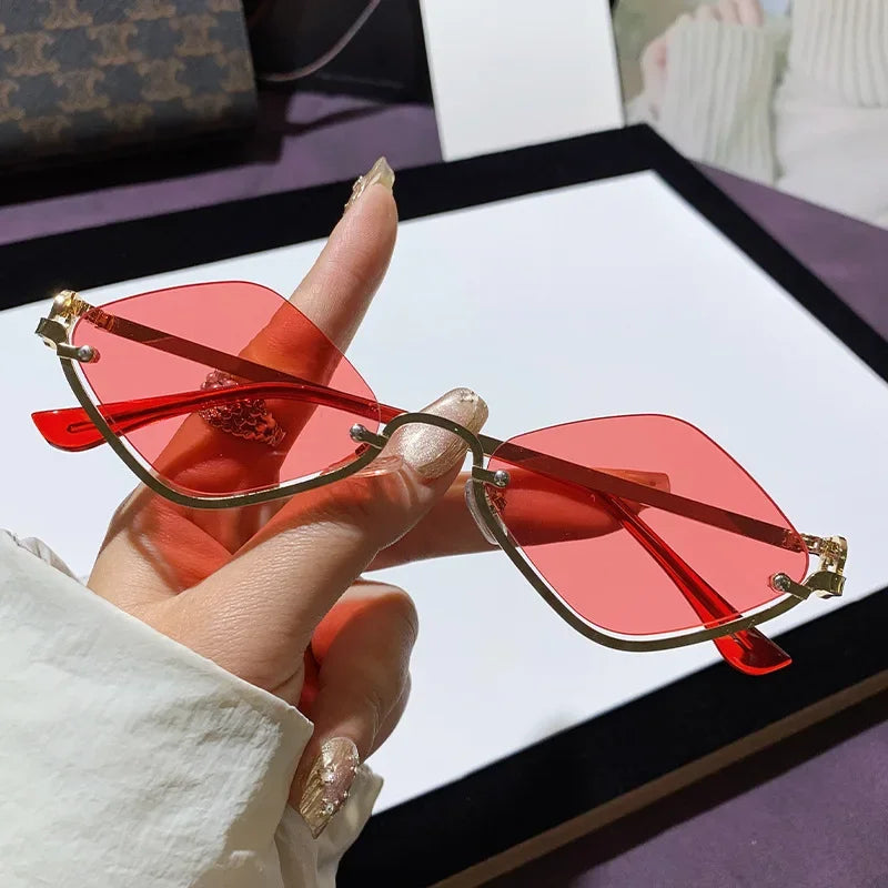 Women's Metal Half Frame Diamond Sunglasses – 8 Lens Colors Fashion Sunglasses Qme RD
