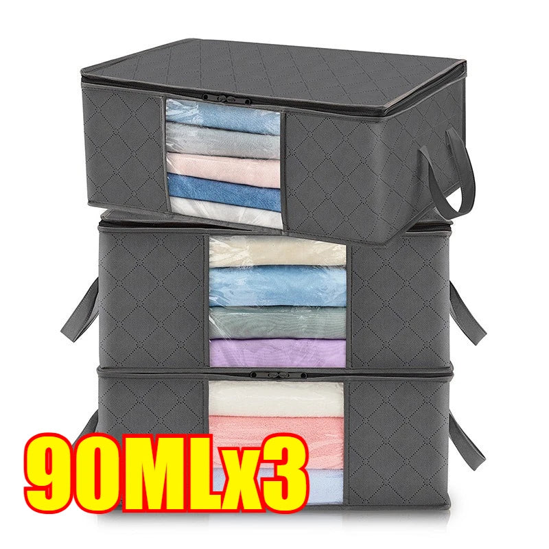 Foldable Clothes Storage Bag – Non-Woven Closet Organizer Bin Closet Storage Bag Qme 3PCS-90L