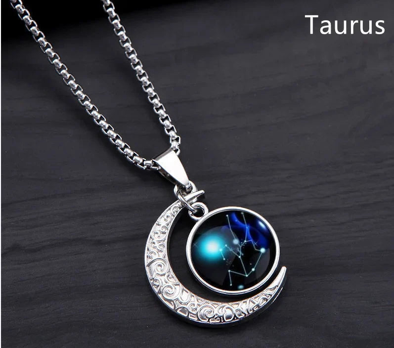 Zodiac Constellation Luminous Crescent Moon Necklace Zodiac Pendant Necklace Qme Taurus