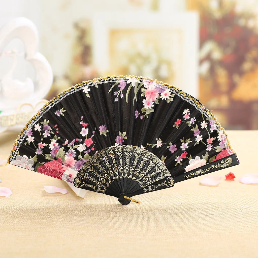 Lace Silk Folding Hand Fan – Wedding, Dance & Party Folding Hand Fan Qme Black