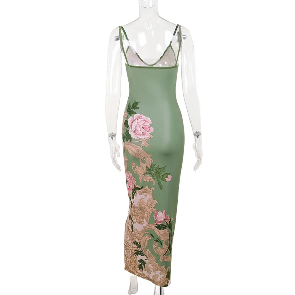 Slim-Fit Sleeveless Backless V-Neck Print Suspender Dress Maxi Suspender Dress Qme