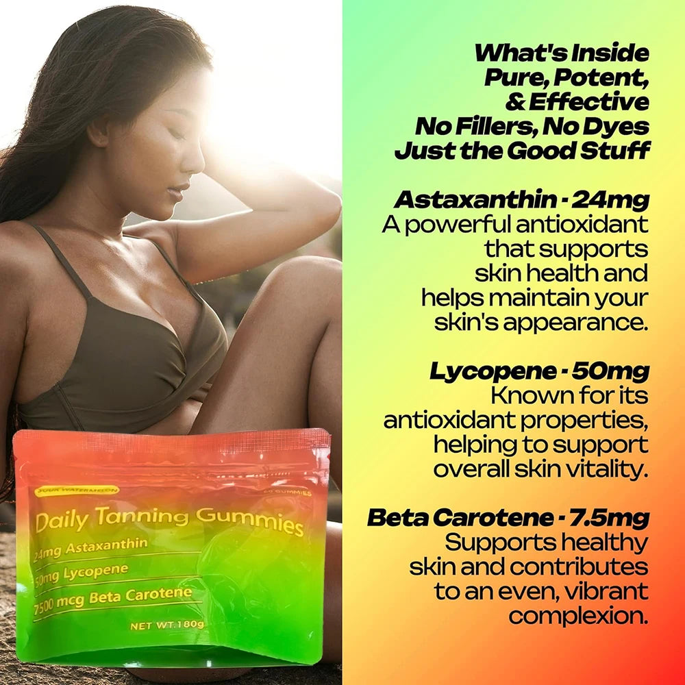 Tanning Gummies – Astaxanthin, Lycopene & Beta Carotene | 60ct Skin Glow Supplement Qst