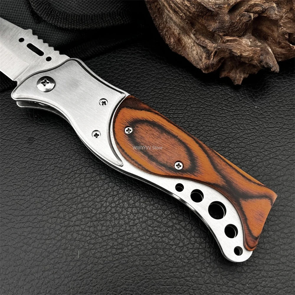 Tactical Folding Knife 440C Blade, Wood Handle & Nylon Sheath Tactical Folding Knife Qst