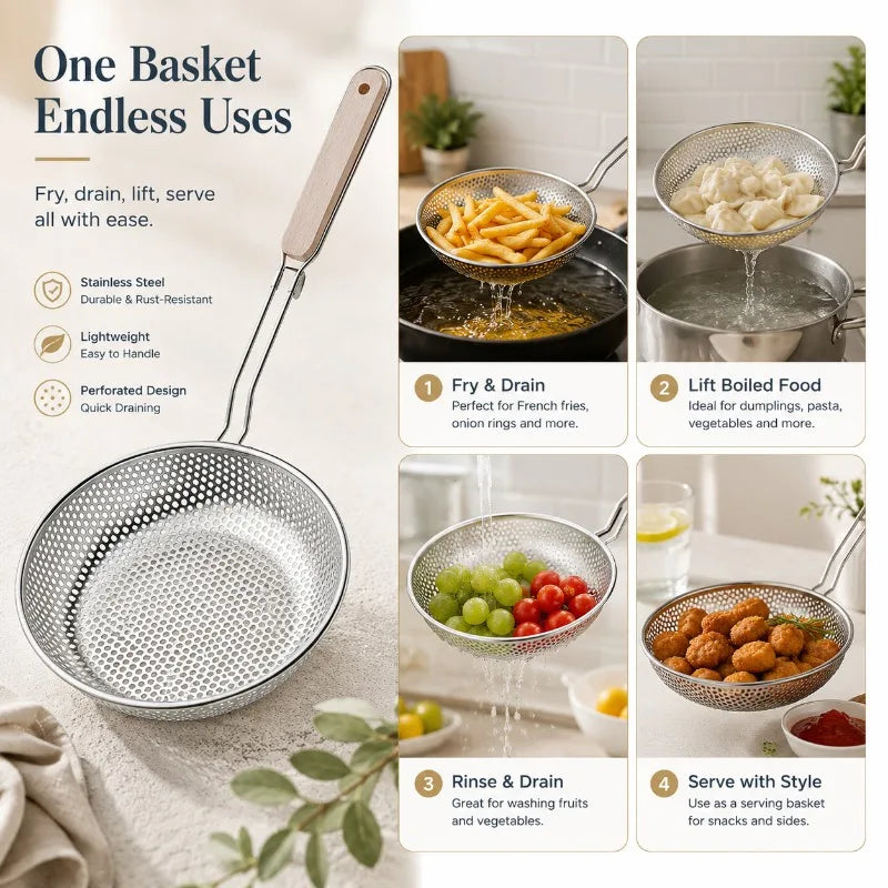 Stainless Steel Fine Mesh Skimmer Spoon with Wooden Handle Mesh Skimmer Spoon Qme