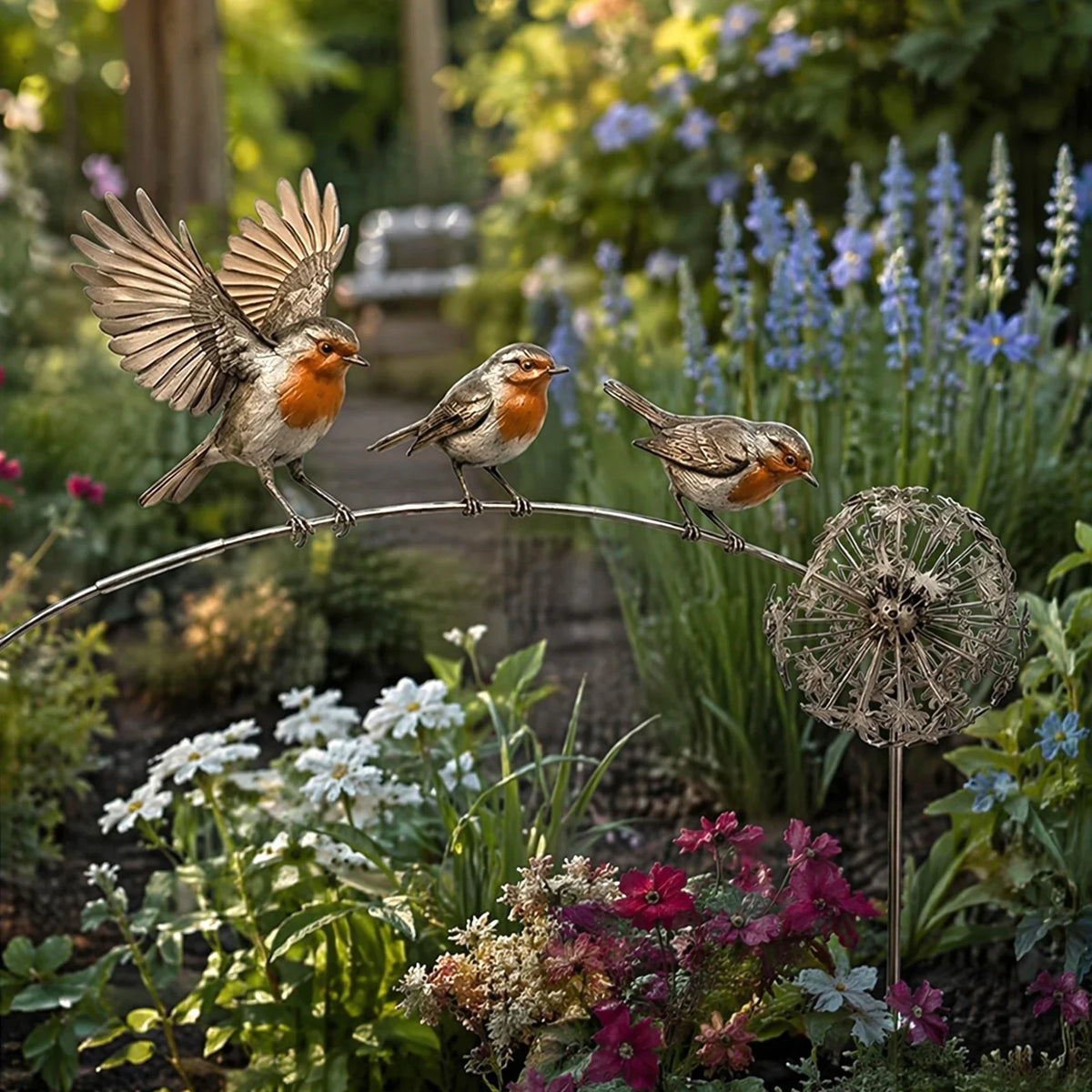 Rustic Robin Bird Garden Stake Dandelion Accent – Metal Yard Art Garden Stake Qme