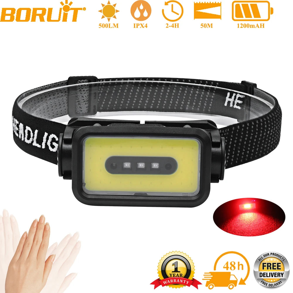 BORUiT K352 500LM COB LED Headlamp – Motion Sensor Type-C LED Headlamp Qst 1PCS black