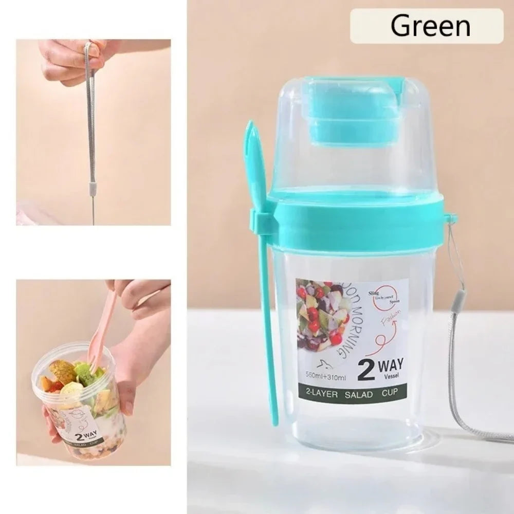 Portable Double Layer Salad Cup – Yogurt, Oats & Fruit Portable Food Container Qme Green