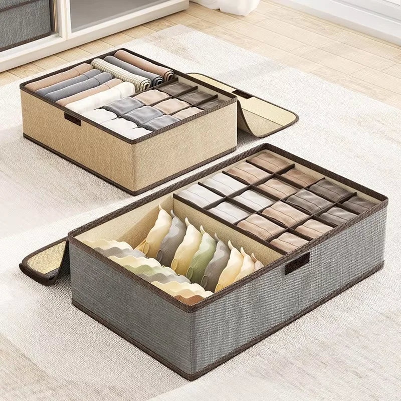 Cotton Linen Underwear Storage Box – 6-Compartment with Lid Drawer Organizer Box Qme