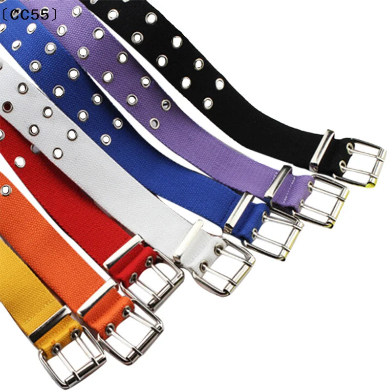 Women's Studded Grommet 2-Row Canvas Pin Buckle Belt 105cm Canvas Fashion Belt Qst