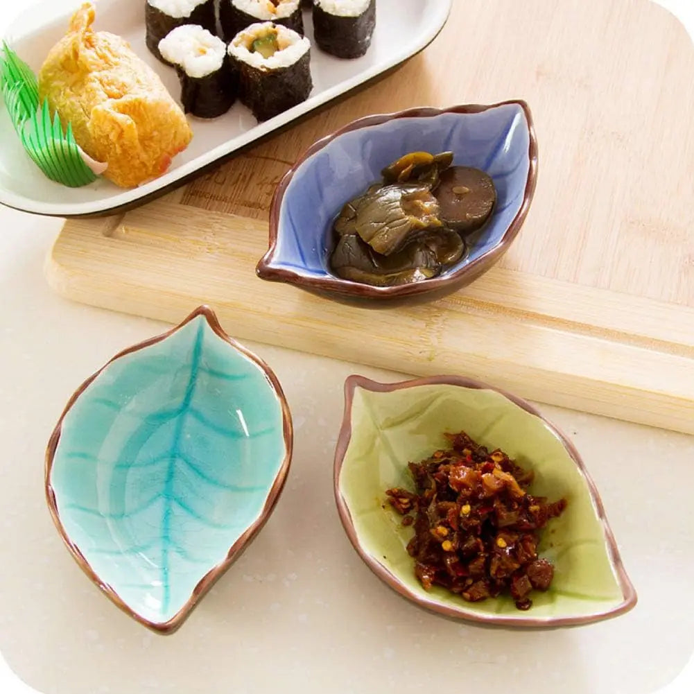 Ceramic Leaf Saucer Ice Crack Glaze | Soy Sauce Dish Ceramic Condiment Dish Qme