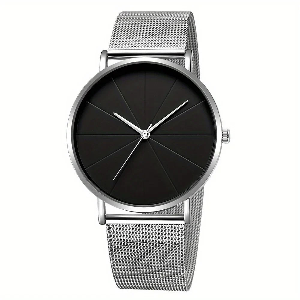 Casual Round Quartz Watch | Large Geo Dial & Mesh Strap Analog Quartz Watch Qme