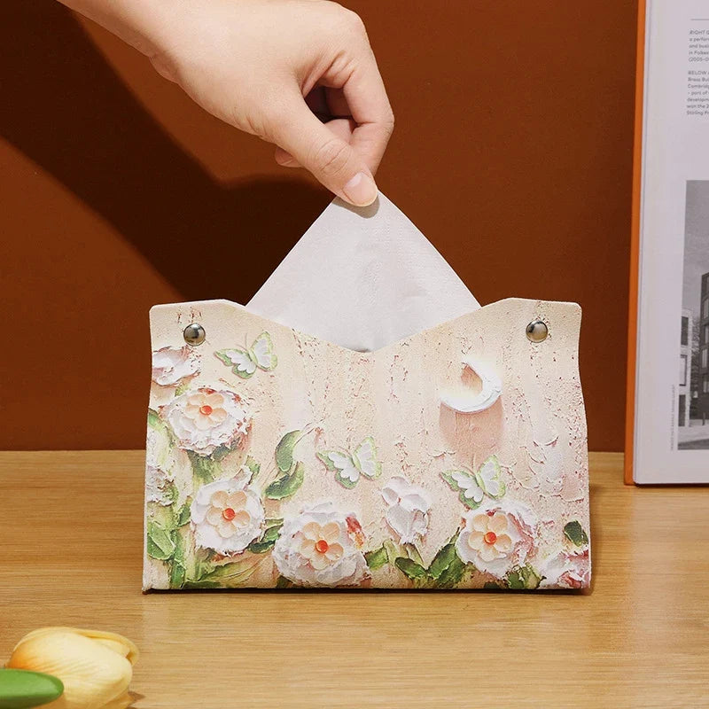 Oil Painting Flowers PU Leather Tissue Box | Decorative Tabletop Decorative Tissue Box Qme White