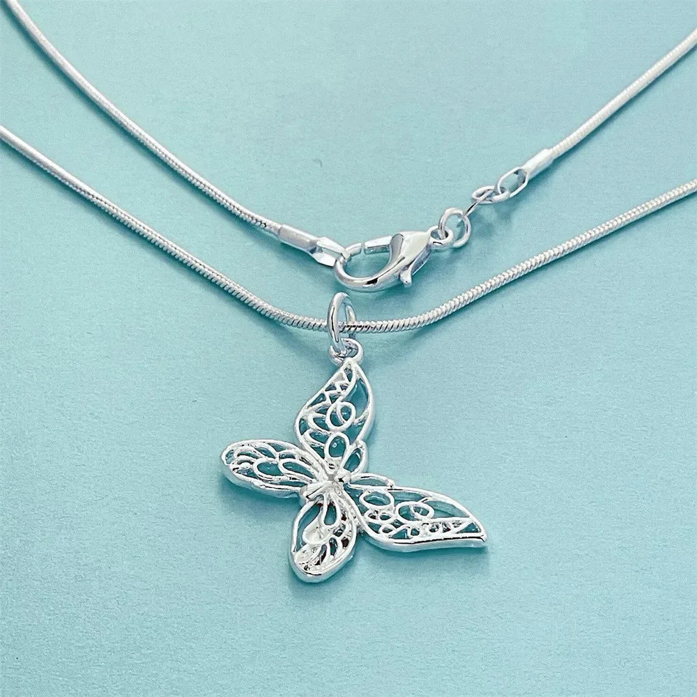 925 Sterling Silver Butterfly Necklace | Kpop Snake Chain Silver Butterfly Necklace Qme