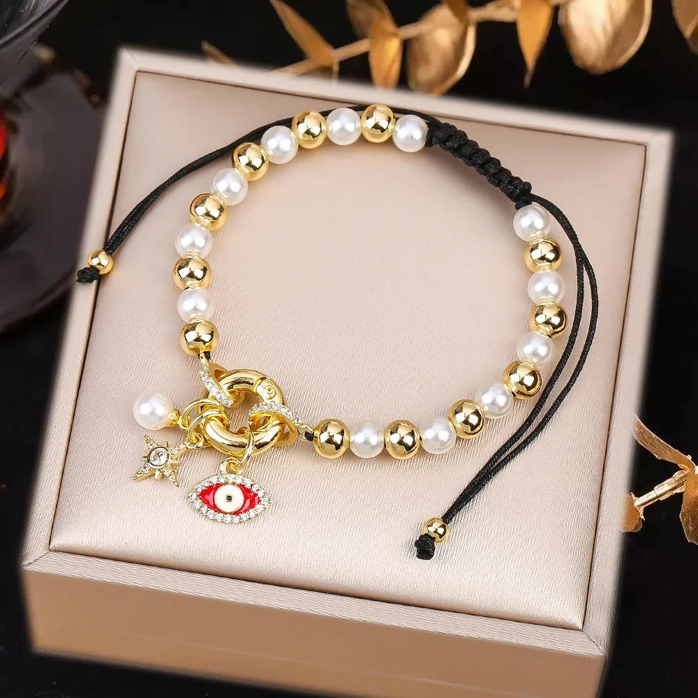 Black Braided Pearl Evil Eye Copper Bead Bracelet | 10 Colors Beaded Charm Bracelet Qme K
