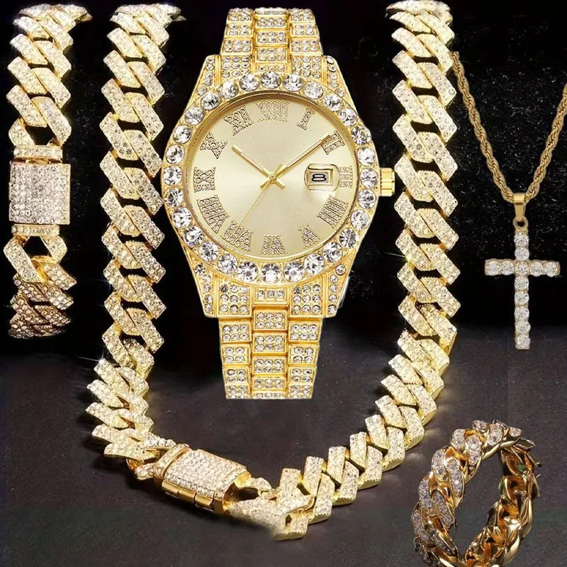 5-Piece Jewelry & Watch Set – Necklace, Bracelet, Ring, Earrings Jewelry & Watch Set Qme Gold