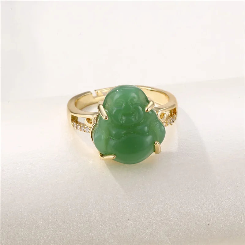 Maitreya Buddha Natural Jade Ring – Adjustable Unisex Natural Stone Ring Qme