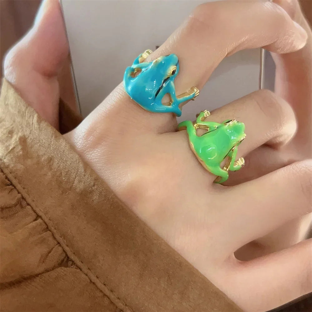 Cute Frog Adjustable Ring – Fun Animal Jewelry, Green & Blue Animal Fashion Ring Qme