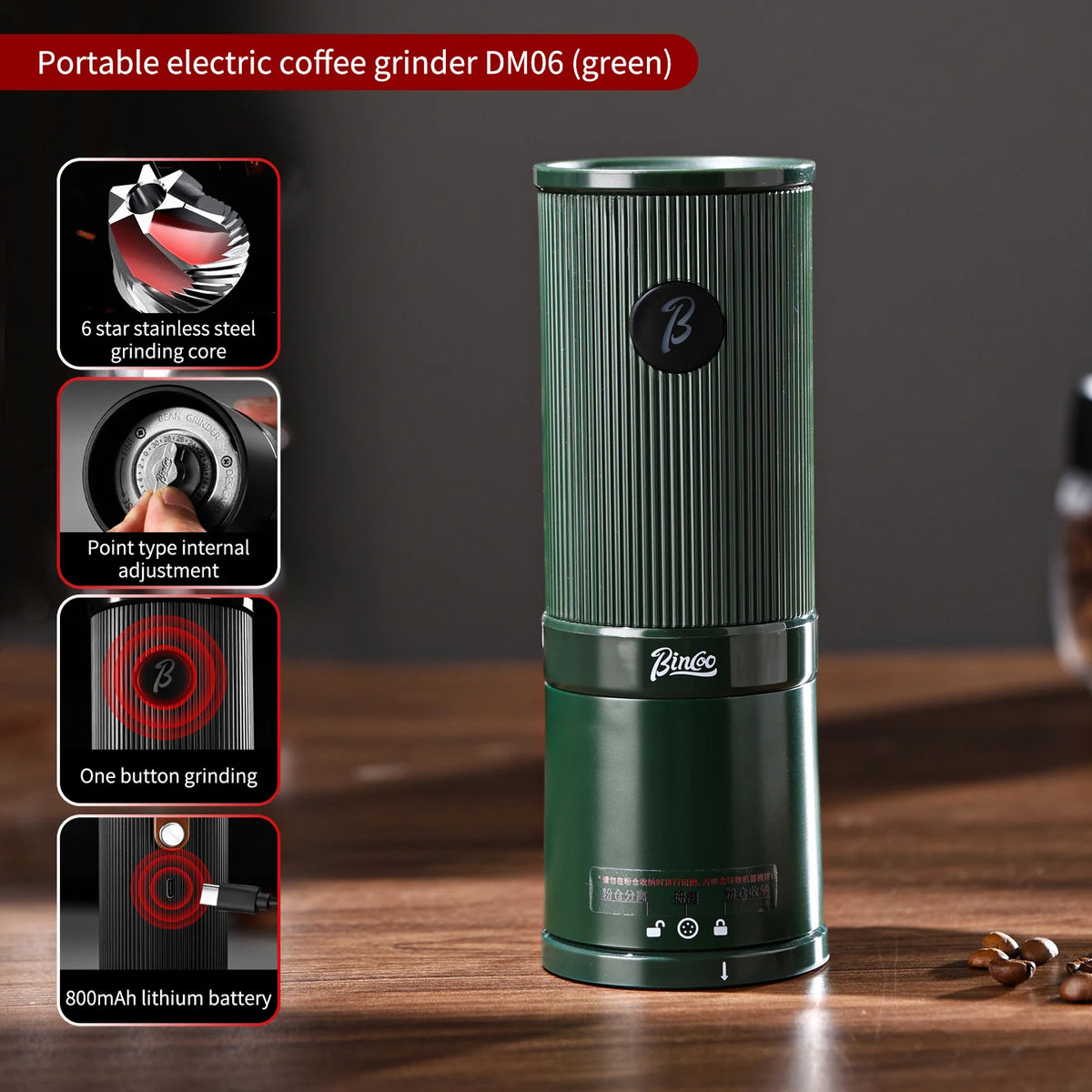 Bincoo BC-DM06 Portable Rechargeable Electric Coffee Grinder Electric Coffee Grinder Qst green
