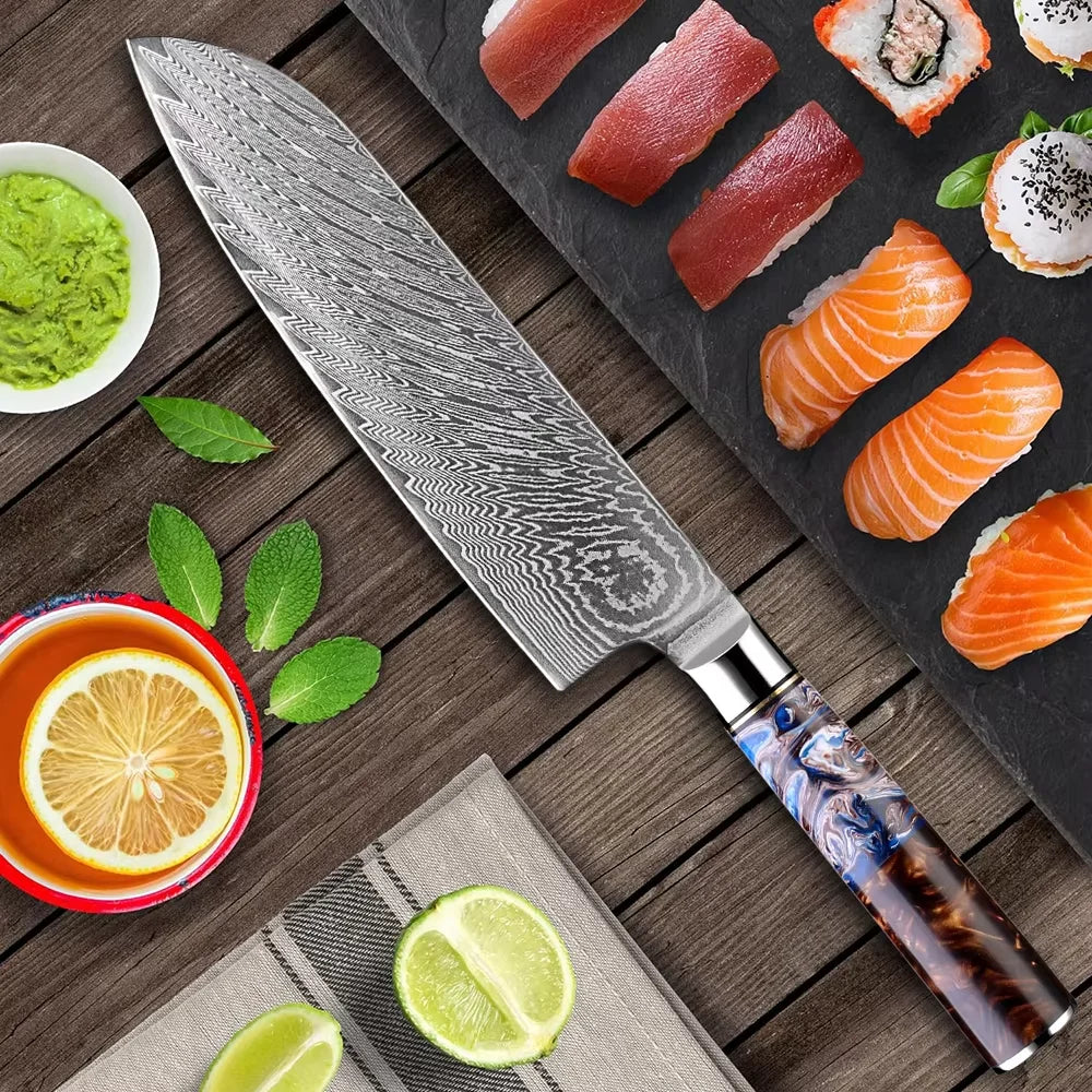 Damascus Steel Chef Knife Set – Sea Blue Resin Handle | Xituo Damascus Knife Set Qst