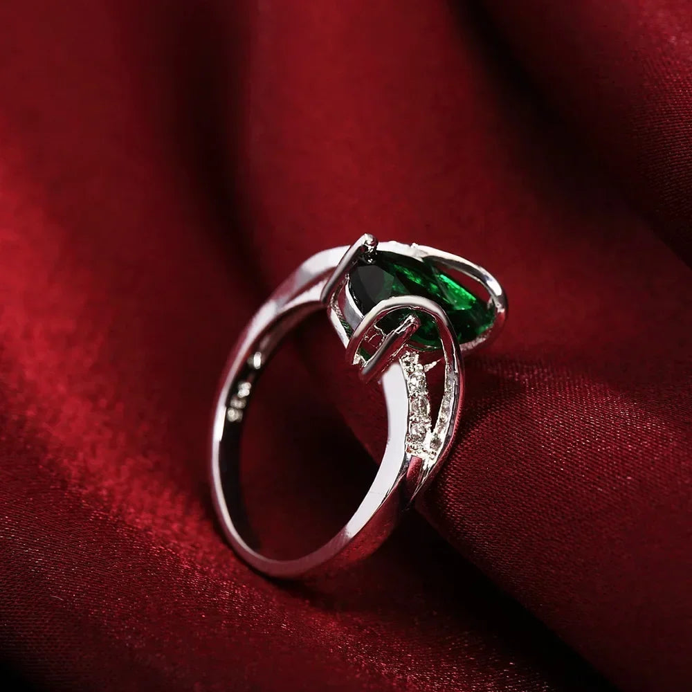925 Sterling Silver Green Crystal Water Drop Charm Ring Crystal Charm Ring Qme