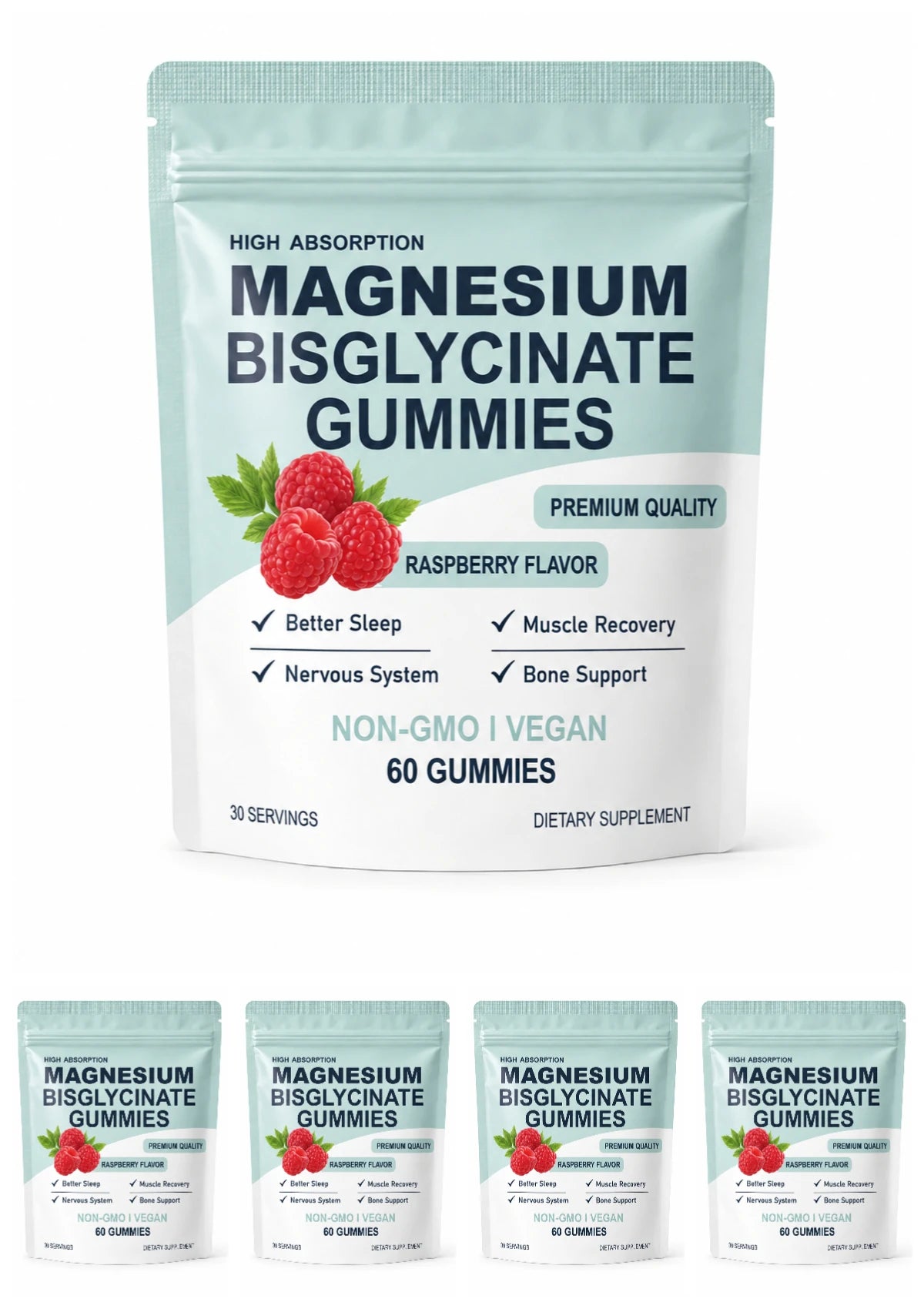 Magnesium Bisglycinate Gummies 400mg Sugar Free Raspberry 60ct Magnesium Supplement Qst 5bags 300capsules