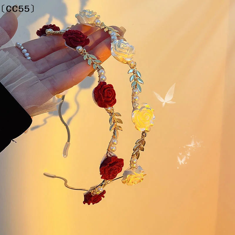 Elegant Rose Vine Pearl Tiara Headband | Vintage Floral Hair Hoop Floral Tiara Headband Qst
