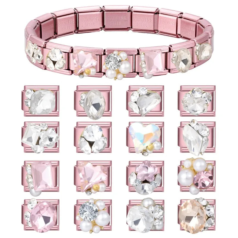 Zircon Flower Heart Bow Pink DIY Charm Bracelet | Stainless Steel DIY Charm Bracelet Qme