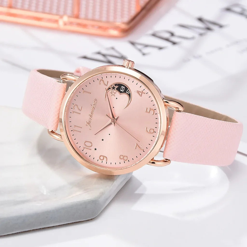 Women's Moon Phase Quartz Watch | Leather Strap Digital Dial Women's Fashion Watch Qme