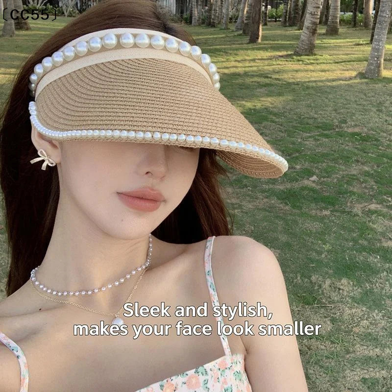 Women's Pearl Raffia Straw Open Top Beach Sun Hat Straw Sun Hat Qst