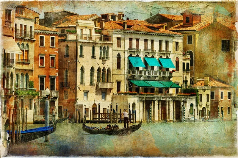 Retro Nostalgic Town Canvas Poster | Flowers Boats Bicycles