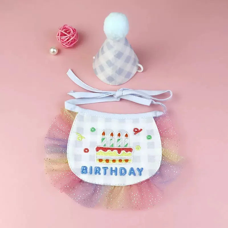 2-Piece Pet Birthday Hat & Scarf Set – Cute Embroidered Cat Pet Party Costume Set Qme Blue
