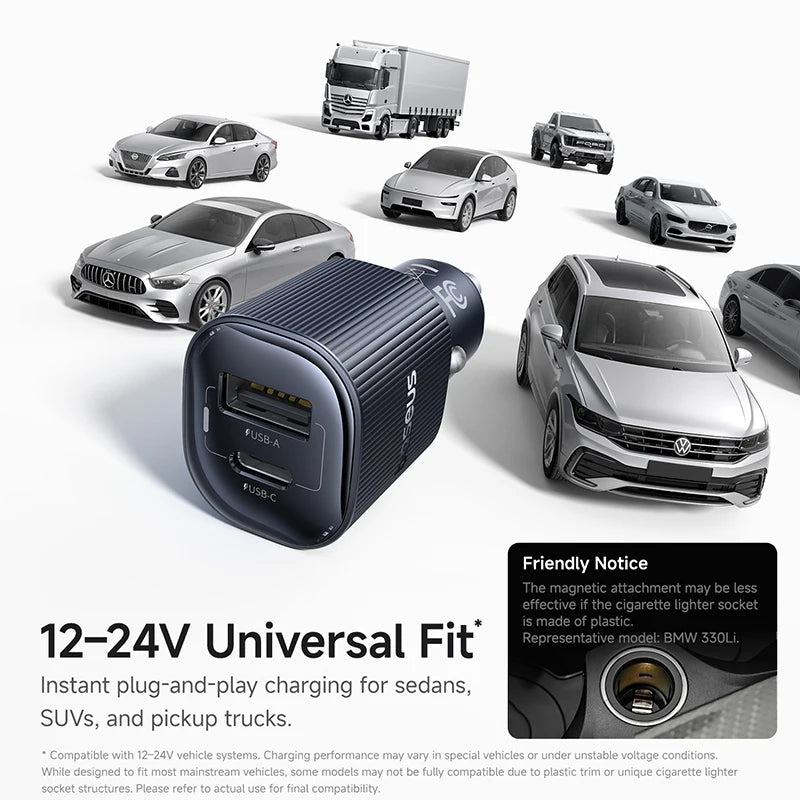 Baseus 30W USB-C PD Car Charger Dual Port Fast Charging Car Phone Charger Qst
