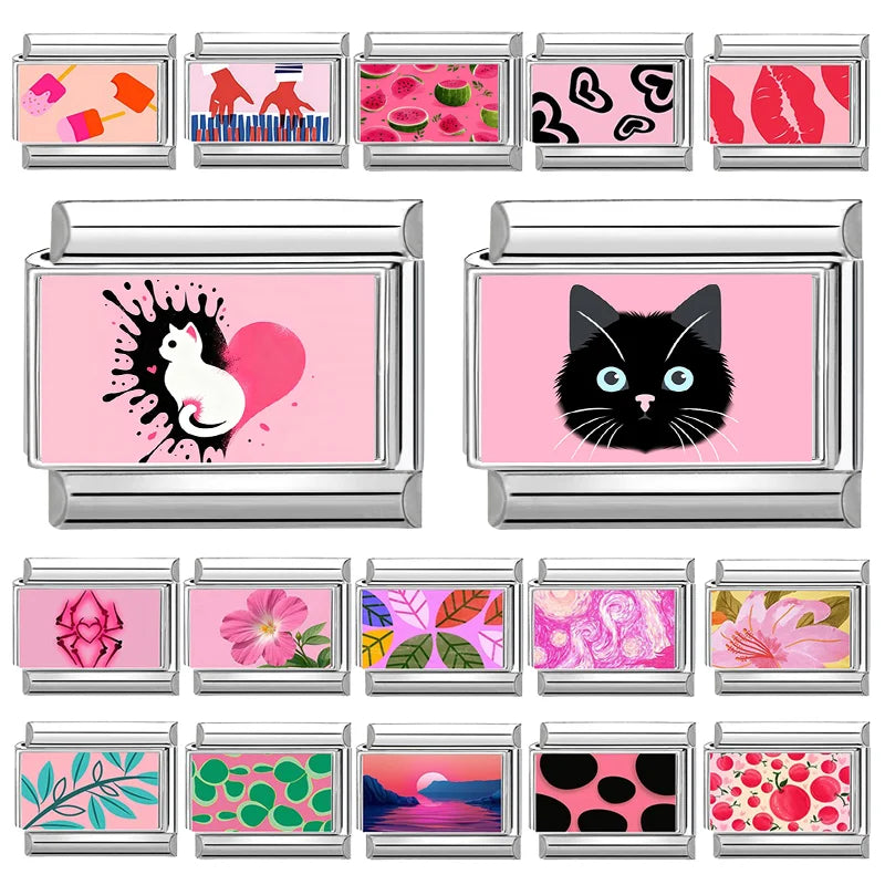 Splash-ink Cat Heart Pink Italian Link Stainless Steel Bracelet Italian Link Bracelet Qme