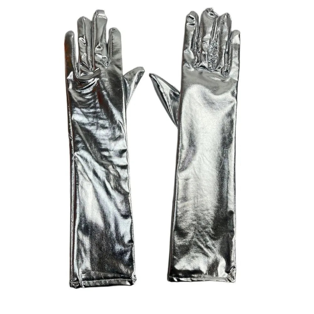 Women's Shiny Patent Leather Long Gloves – Sun Protection Long Fashion Gloves Qme Silver