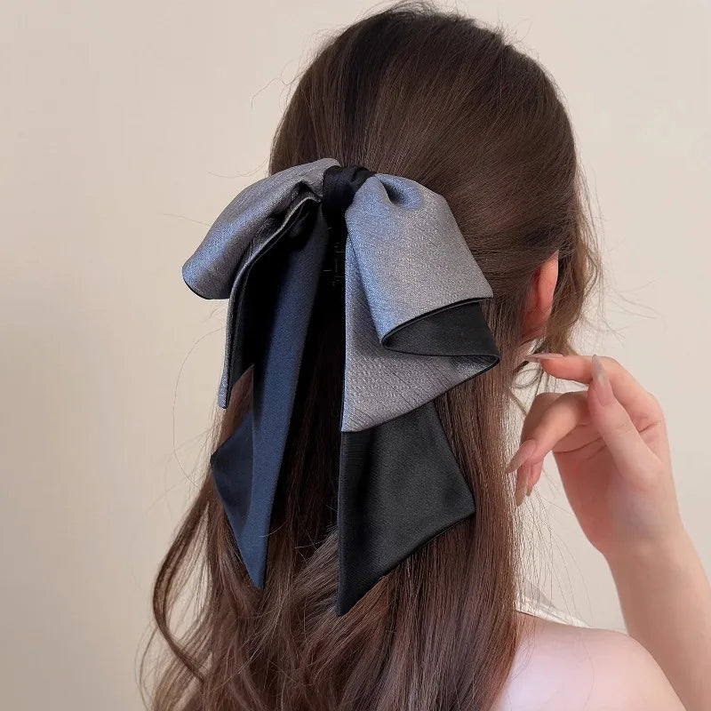 Glossy Pleated Bow Half-Up Hair Clip | Ribbon Barrette Bow Hair Clip Qme