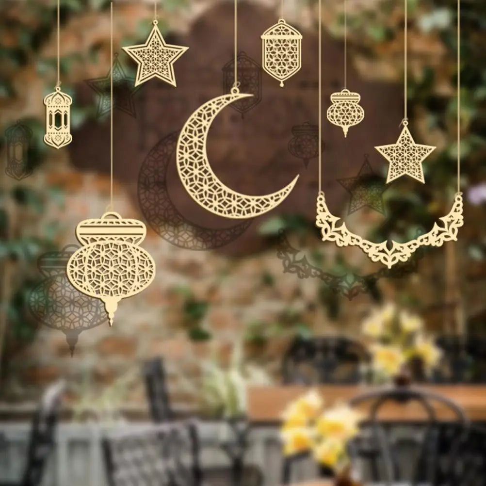 Wooden Moon Star Ramadan Eid Mubarak Hanging Ornaments DIY Hanging Ornaments Qme 8PCS
