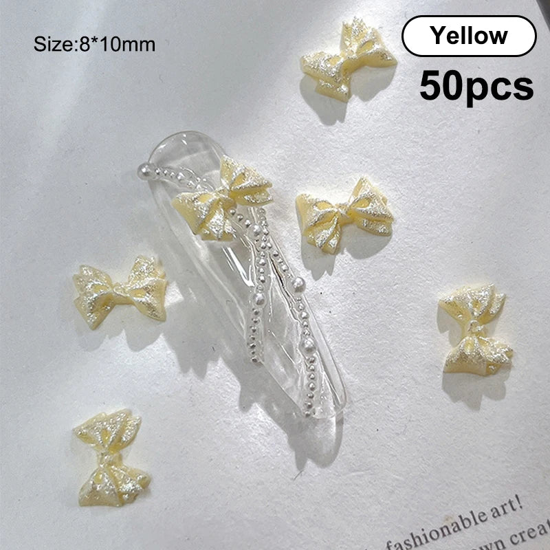 50PCS 3D Bow Nail Art Charms – Kawaii Pearlescent Resin Decor Nail Art Charms Qst Yellow